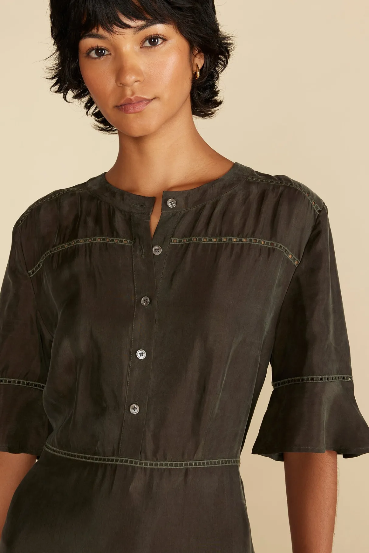 Amour Vert Adaline Embroidered Cupro Dress OliveGreen Sale