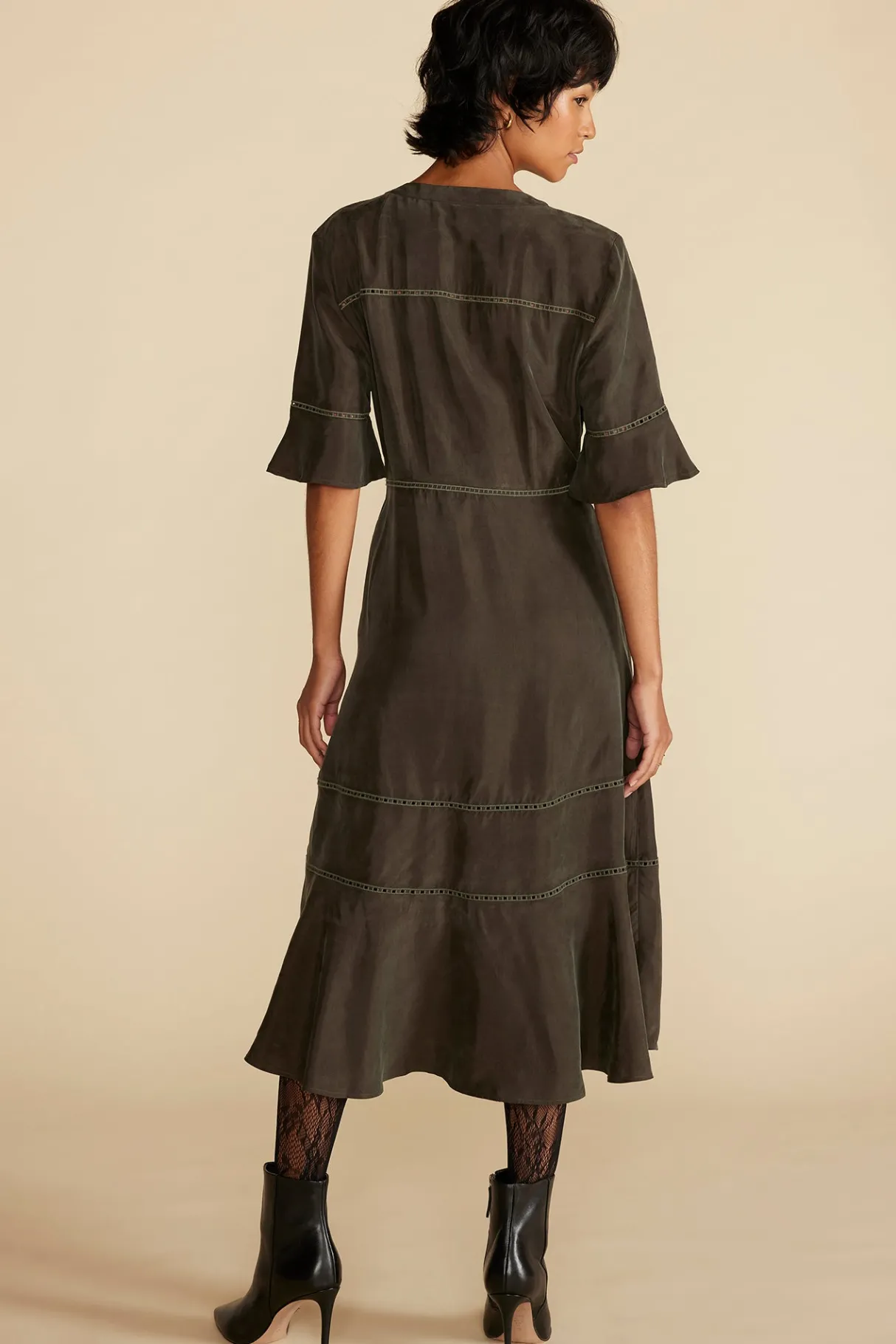 Amour Vert Adaline Embroidered Cupro Dress OliveGreen Sale