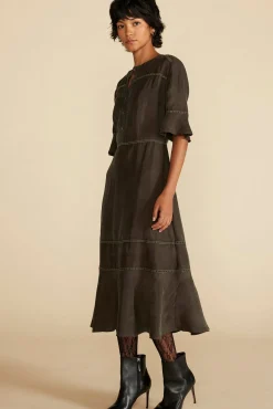 Amour Vert Adaline Embroidered Cupro Dress OliveGreen Sale
