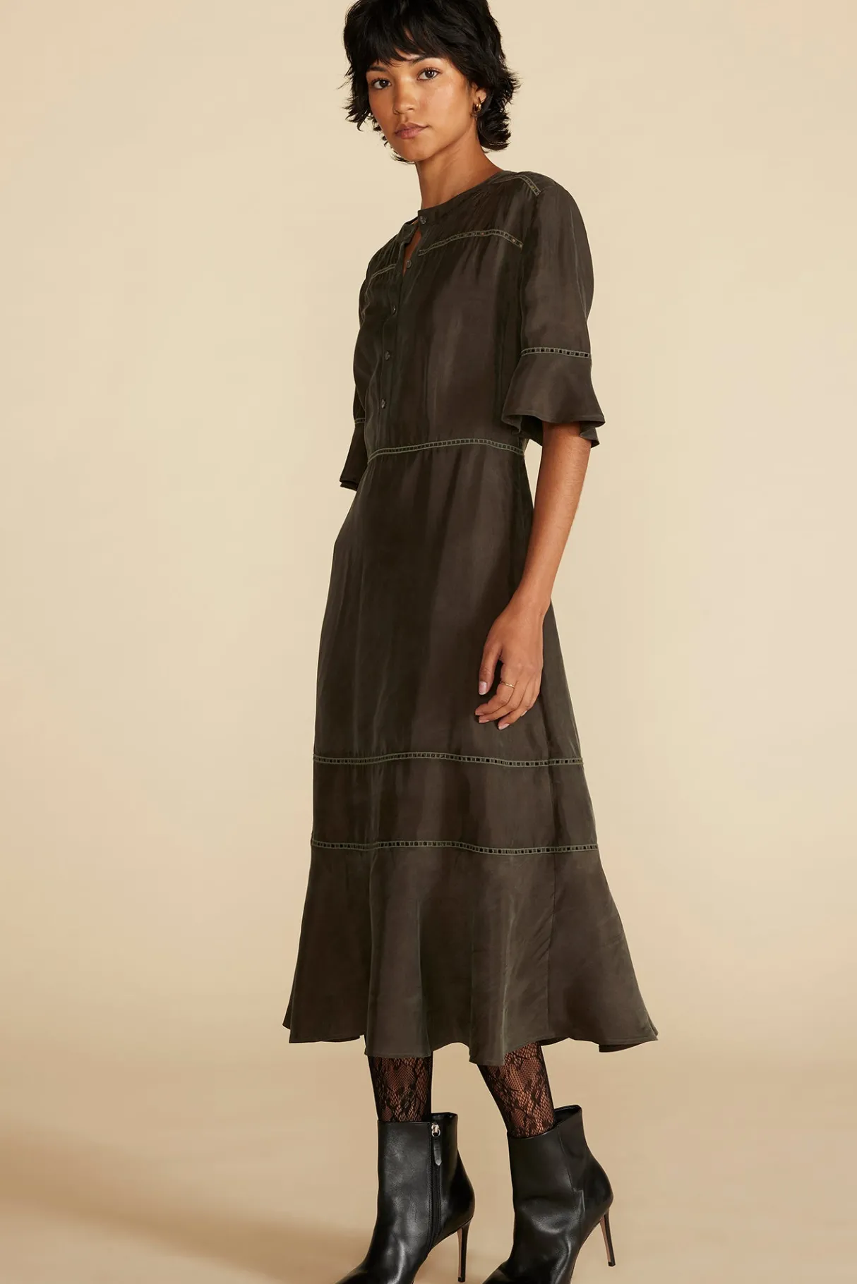 Amour Vert Adaline Embroidered Cupro Dress OliveGreen Sale