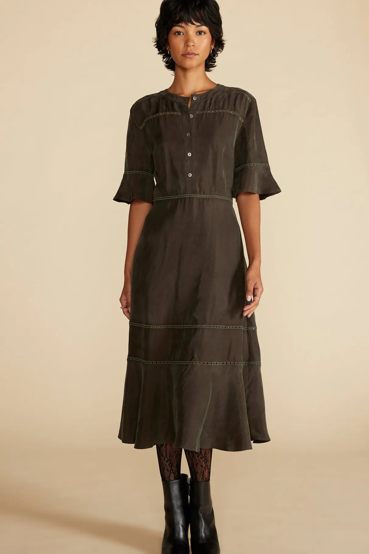 Amour Vert Adaline Embroidered Cupro Dress OliveGreen Sale