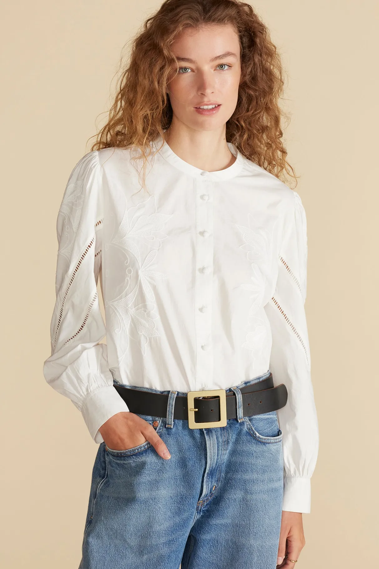 Amour Vert Angelique Puff Sleeve Poplin Blouse White Sale