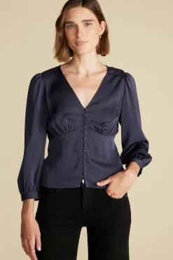 Amour Vert Aurelie Stretch Silk Bustier Blouse NightSkyBlue New