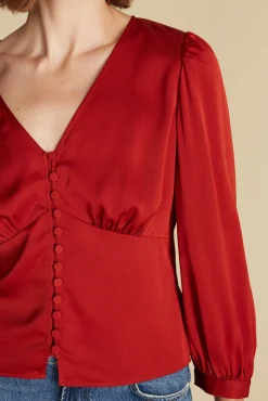 Amour Vert Aurelie Stretch Silk Bustier Blouse Rust Hot