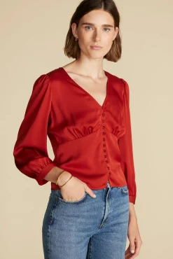 Amour Vert Aurelie Stretch Silk Bustier Blouse Rust Hot