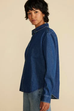 Amour Vert Bixby Denim Collared Long Sleeve Top IndigoBlue New