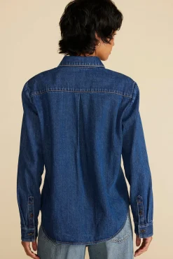 Amour Vert Bixby Denim Collared Long Sleeve Top IndigoBlue New
