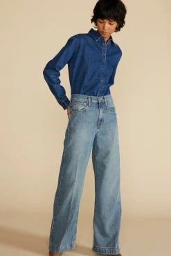 Amour Vert Bixby Denim Collared Long Sleeve Top IndigoBlue New