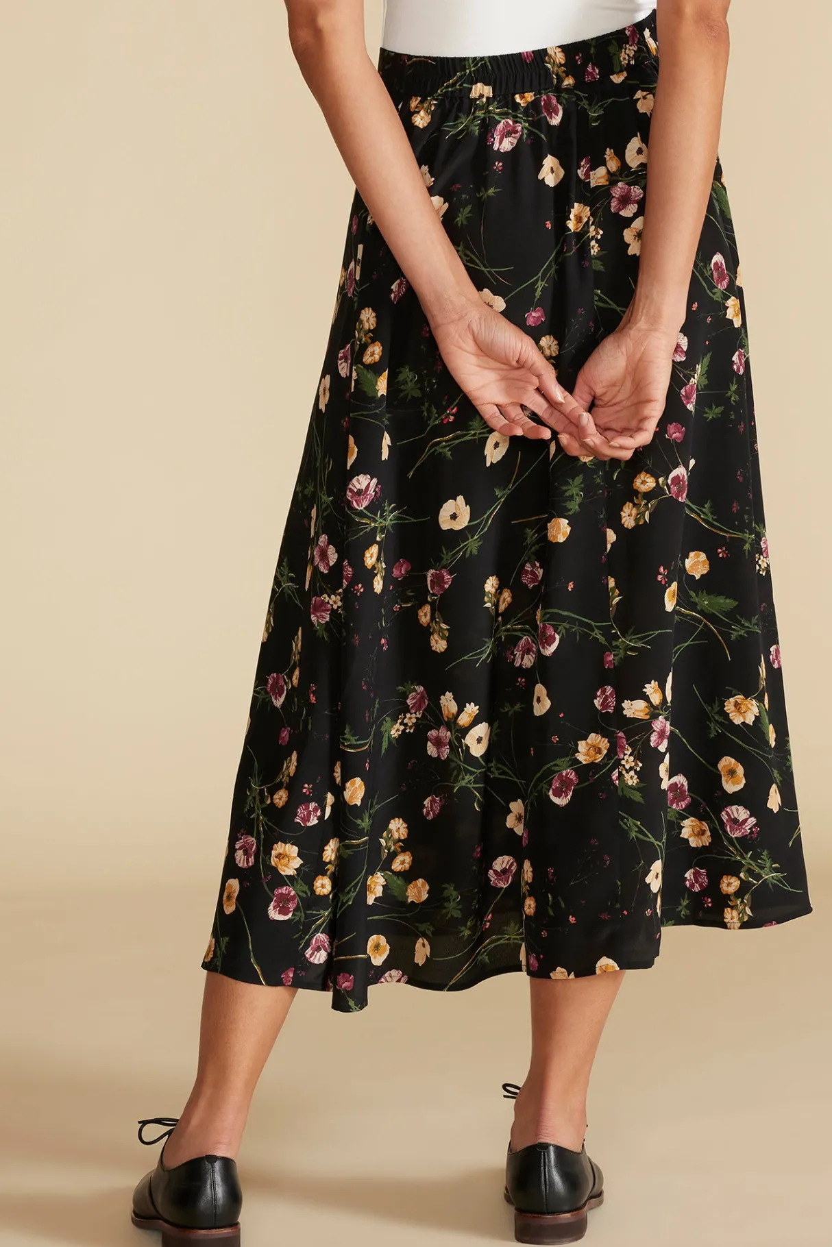 Amour Vert Blaze Washable Silk Skirt BlackMargeuritteWildflowerPrint New