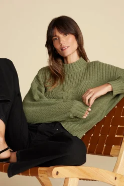 Amour Vert Cameryn Cable Knit Wool Sweater OliveGreen Best