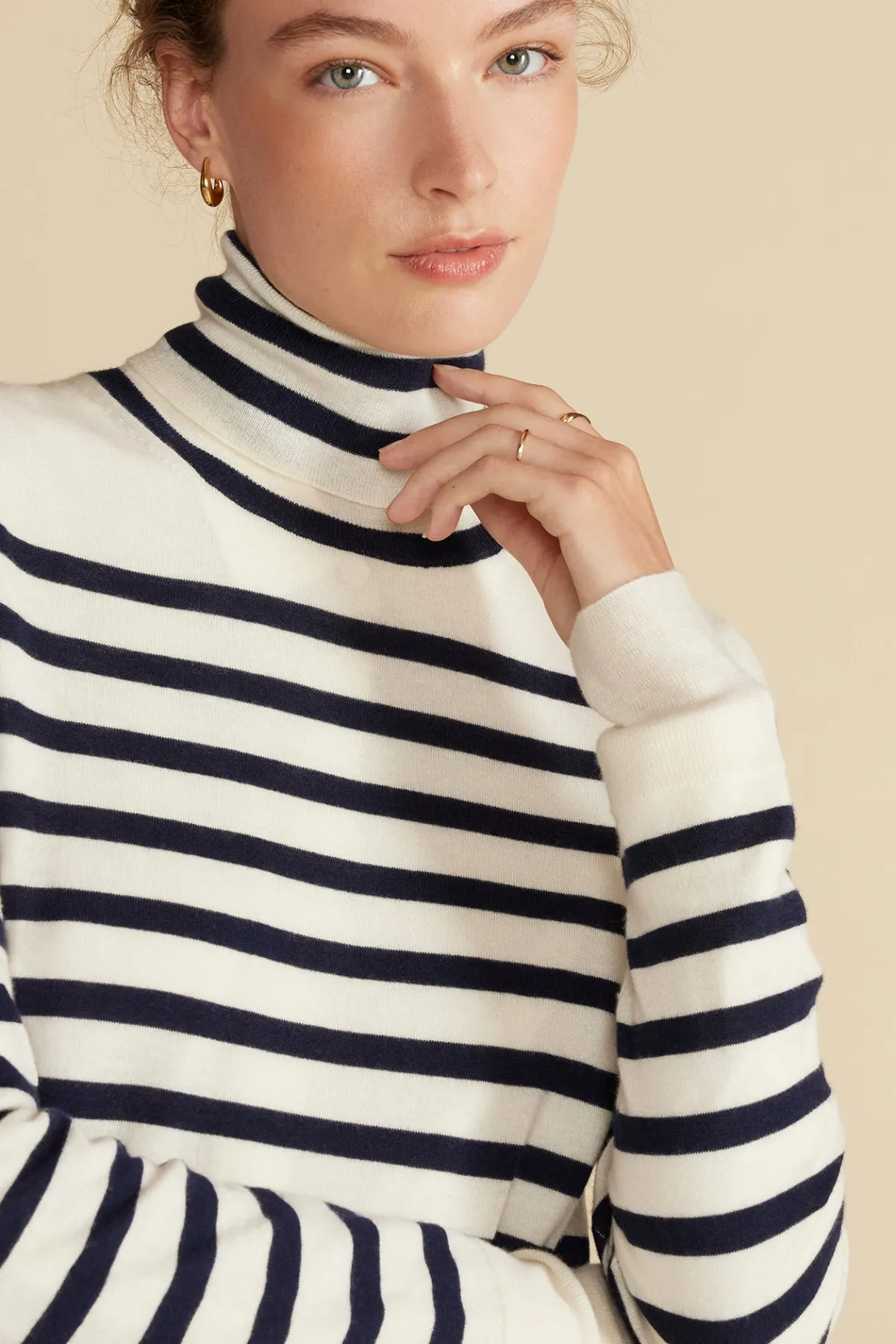 Amour Vert Carrie Turtleneck Cashmere Sweater IvoryandNavyBlueStripe Online