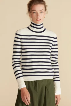 Amour Vert Carrie Turtleneck Cashmere Sweater IvoryandNavyBlueStripe Online