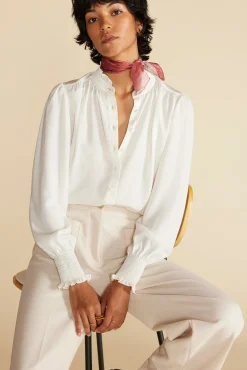 Amour Vert Charlotte Ruffled Recycled Sateen Blouse Ivory Discount