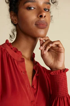 Amour Vert Charlotte Ruffled Recycled Sateen Blouse Rust Sale