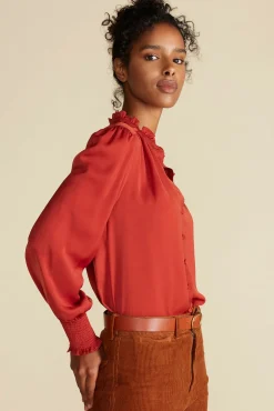 Amour Vert Charlotte Ruffled Recycled Sateen Blouse Rust Sale