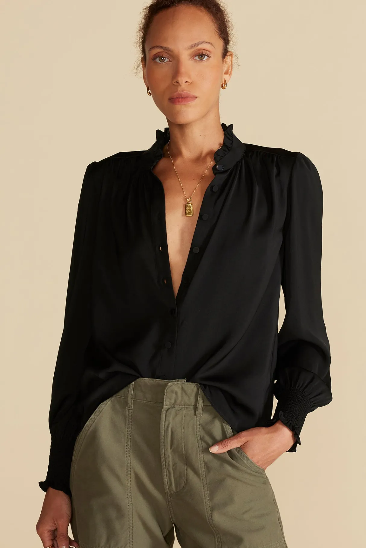 Amour Vert Charlotte Ruffled Recycled Sateen Blouse Black Fashion