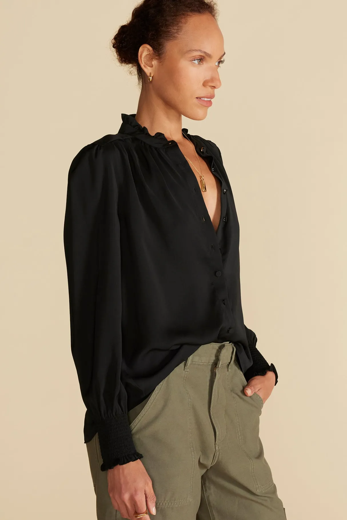 Amour Vert Charlotte Ruffled Recycled Sateen Blouse Black Fashion