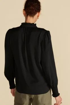 Amour Vert Charlotte Ruffled Recycled Sateen Blouse Black Fashion