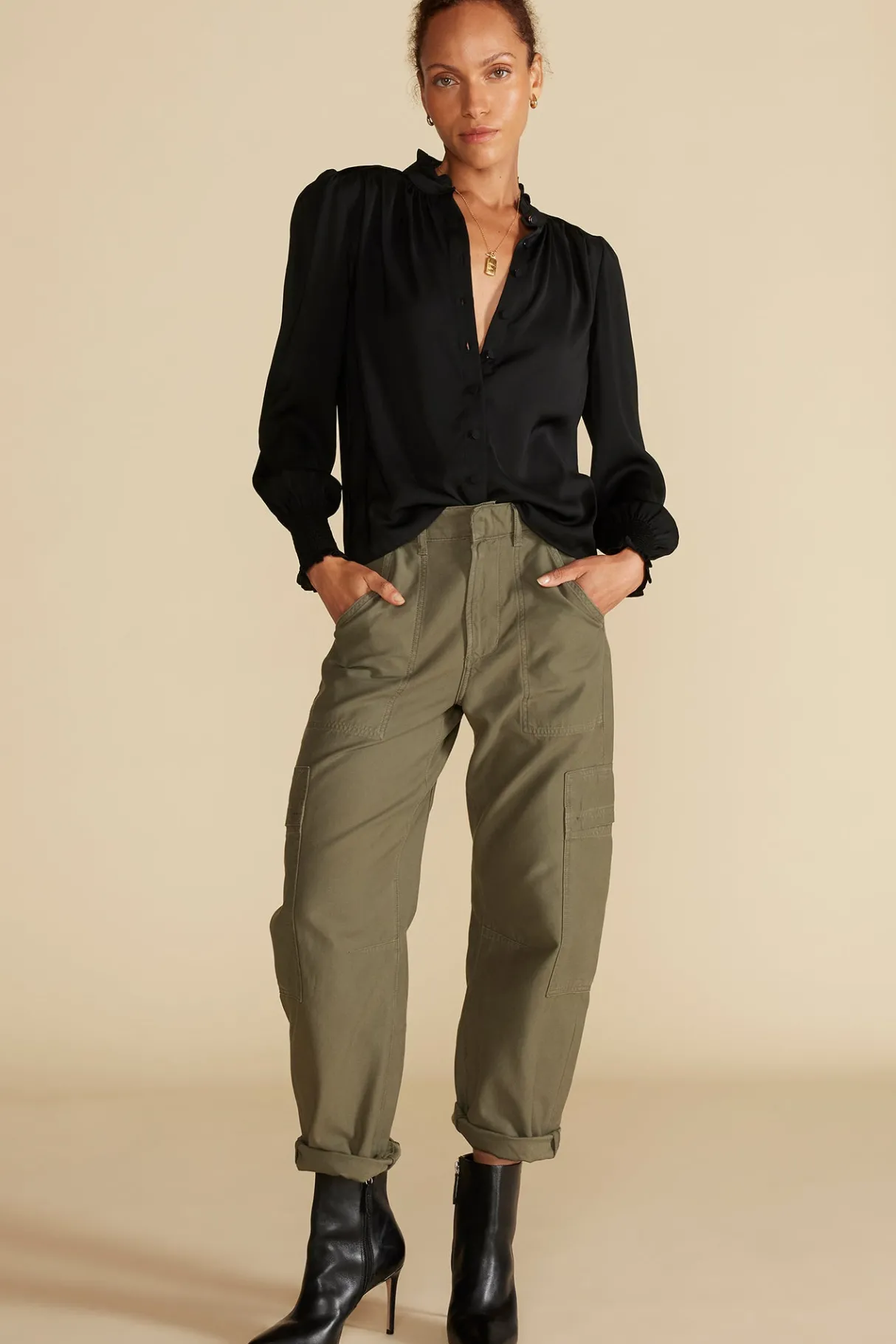 Amour Vert Charlotte Ruffled Recycled Sateen Blouse Black Fashion