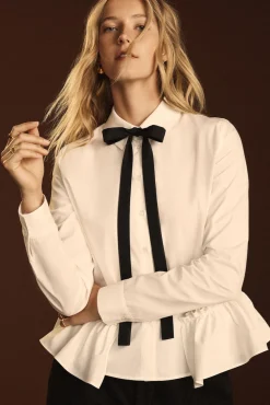 Amour Vert Cottine Cotton Poplin Tie Blouse White New