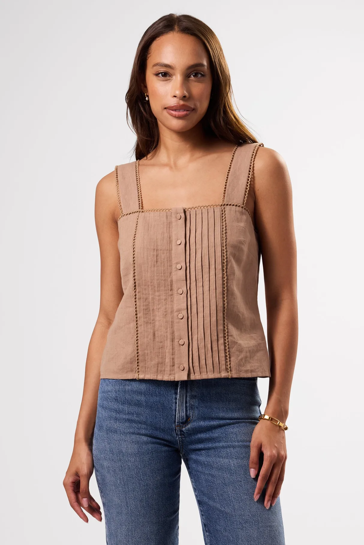 Amour Vert Crochet Trim Cotton Linen Tank Sand New