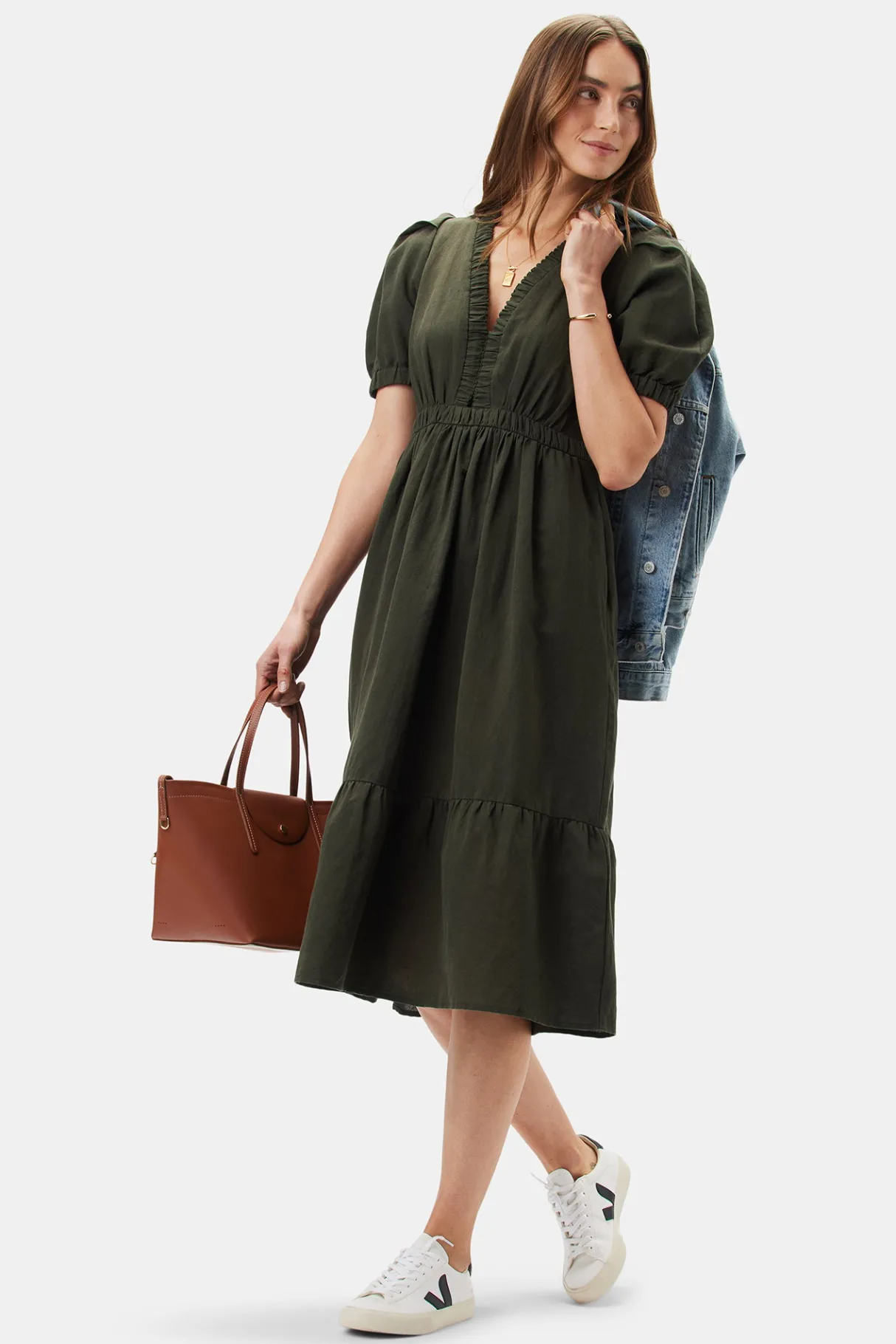 Amour Vert Danielle Cotton Linen Dress OliveGreen Hot