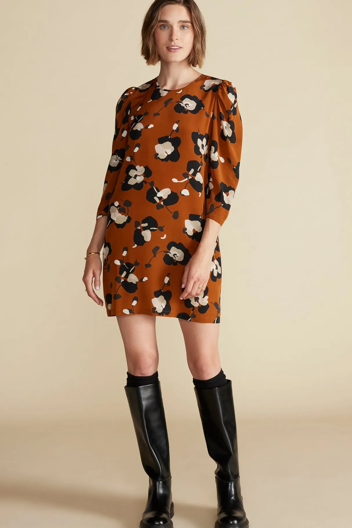 Amour Vert Darla Washable Silk Dress AlmondBrownPenseeFloralPrint Outlet