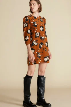 Amour Vert Darla Washable Silk Dress AlmondBrownPenseeFloralPrint Outlet