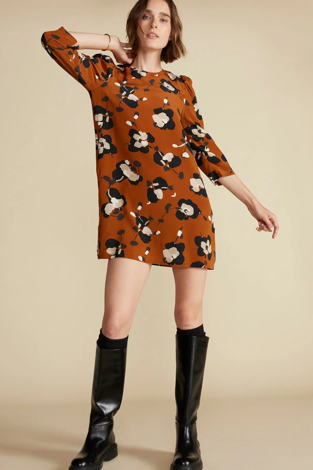 Amour Vert Darla Washable Silk Dress AlmondBrownPenseeFloralPrint Outlet