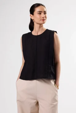 Amour Vert Detailed Cotton Linen Tank Top Black Clearance