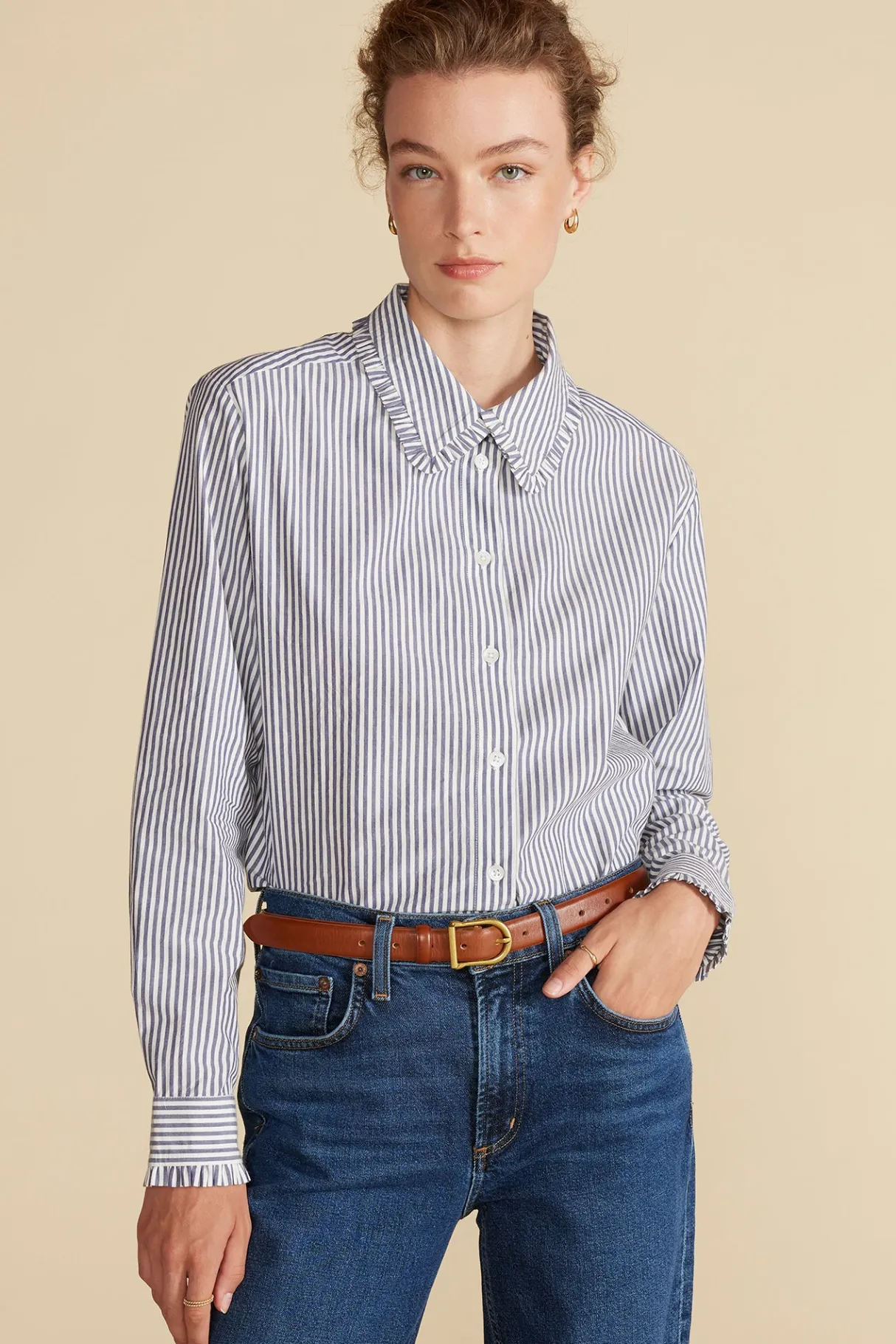 Amour Vert Edelie Ruffled Poplin Shirt BayeuxNavyBlueandIvoryStripe Outlet