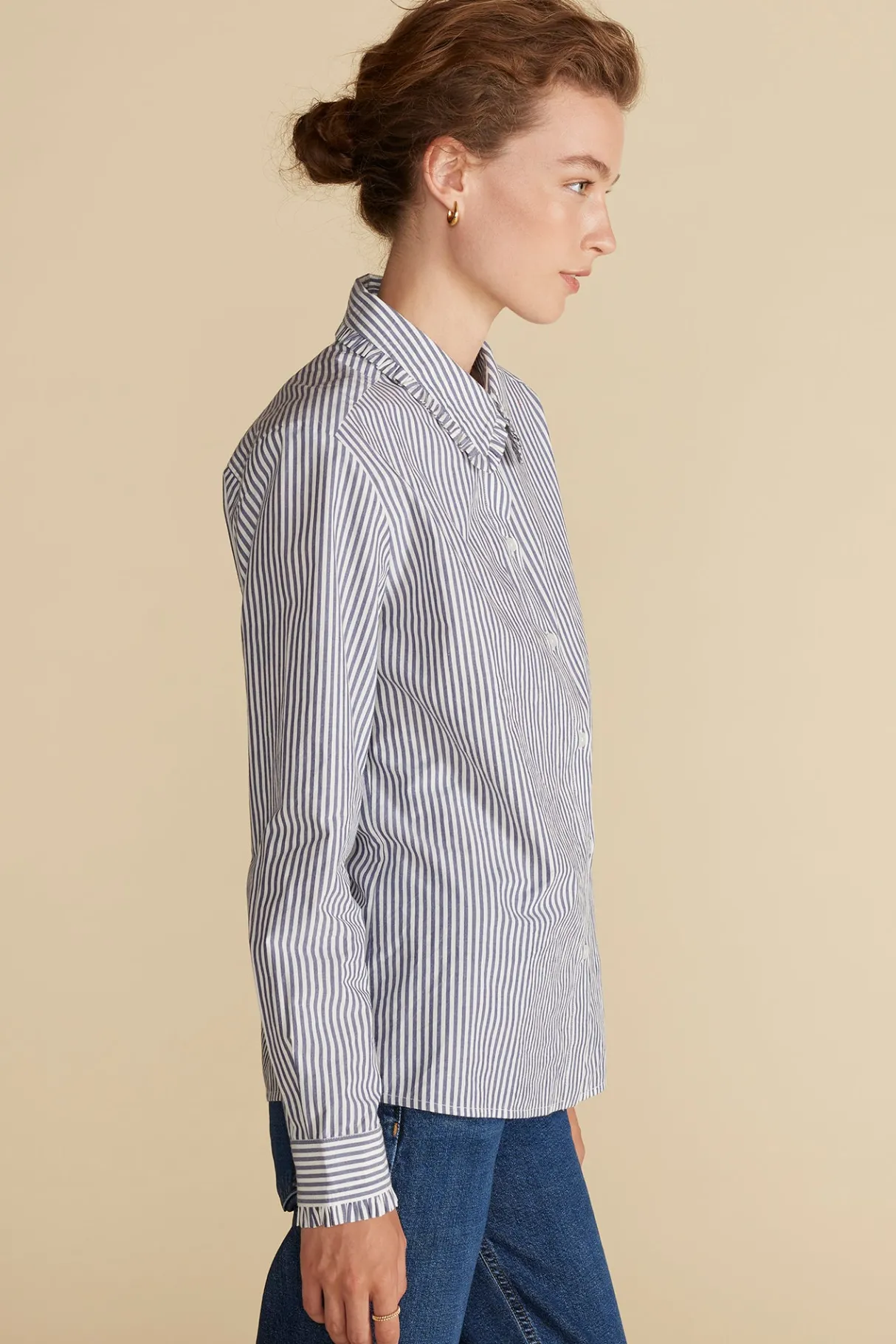 Amour Vert Edelie Ruffled Poplin Shirt BayeuxNavyBlueandIvoryStripe Outlet