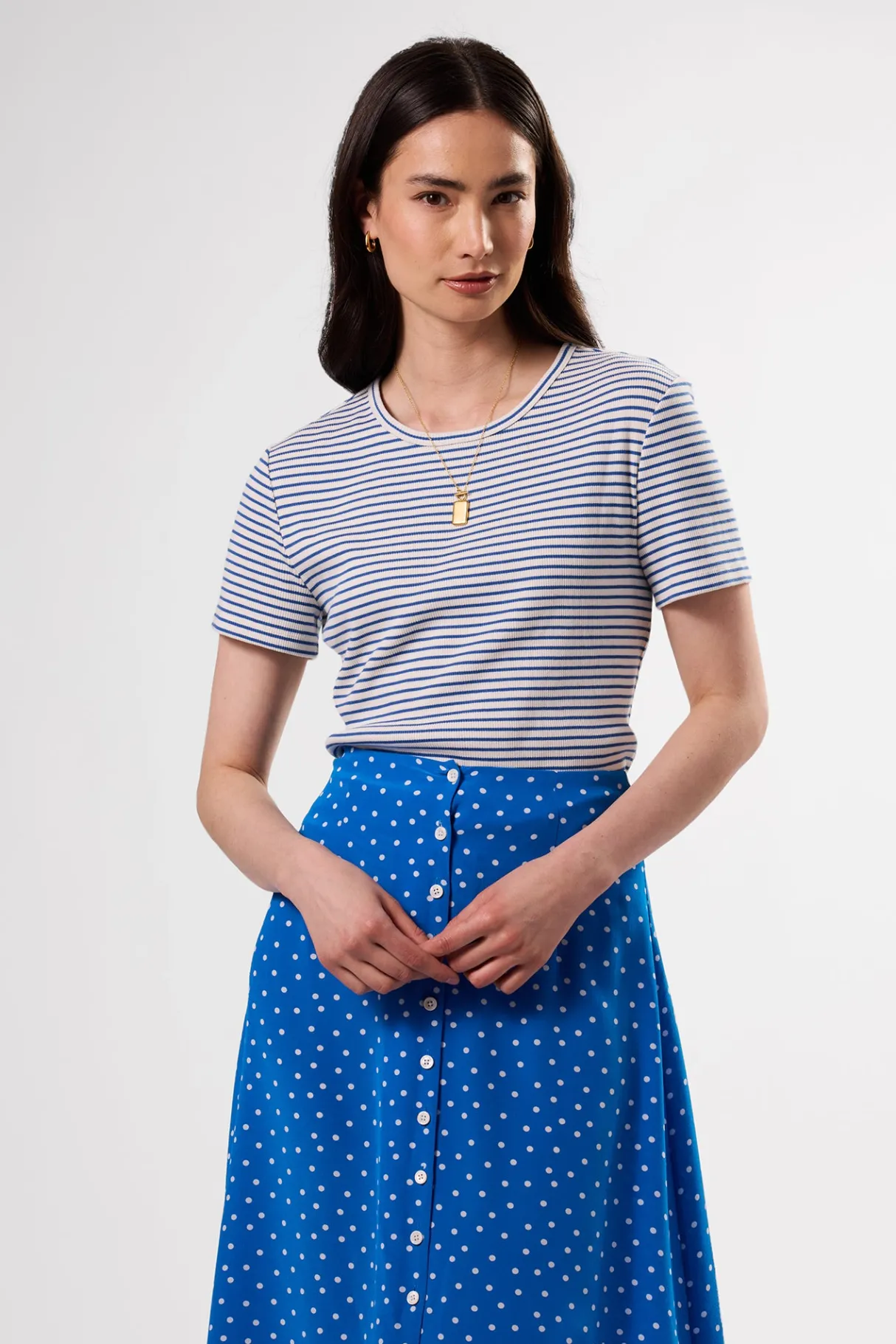 Amour Vert Eleanor Organic Cotton Modal Rib Tee CannesStripeNaturalAegeanBlue Hot