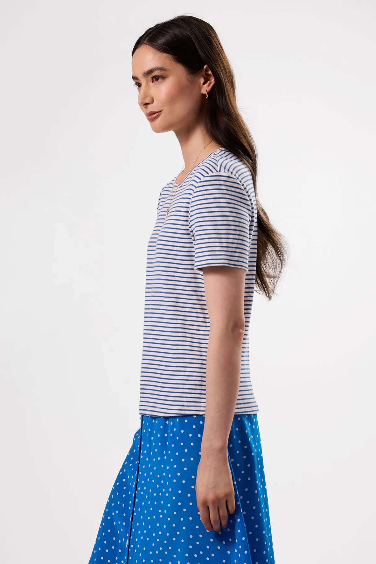 Amour Vert Eleanor Organic Cotton Modal Rib Tee CannesStripeNaturalAegeanBlue Hot