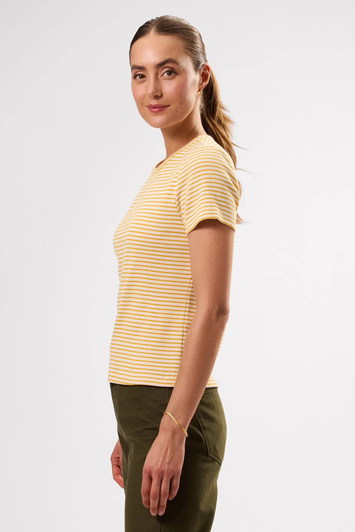 Amour Vert Eleanor Organic Cotton Modal Rib Tee CannesStripeNaturalSoleilYellow Discount