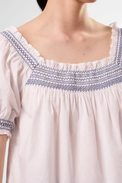 Amour Vert Embroidered Smocked Top WhiteCobaltEmbroidery Outlet