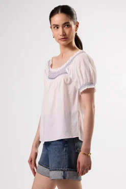 Amour Vert Embroidered Smocked Top WhiteCobaltEmbroidery Outlet
