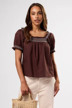 Amour Vert Embroidered Smocked Top EspressoWhiteEmbroidery Discount