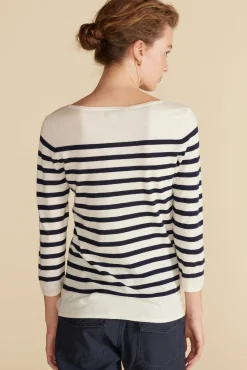 Amour Vert Fran Boatneck Striped Cashmere Sweater IvoryandNavyBlueStripe Outlet