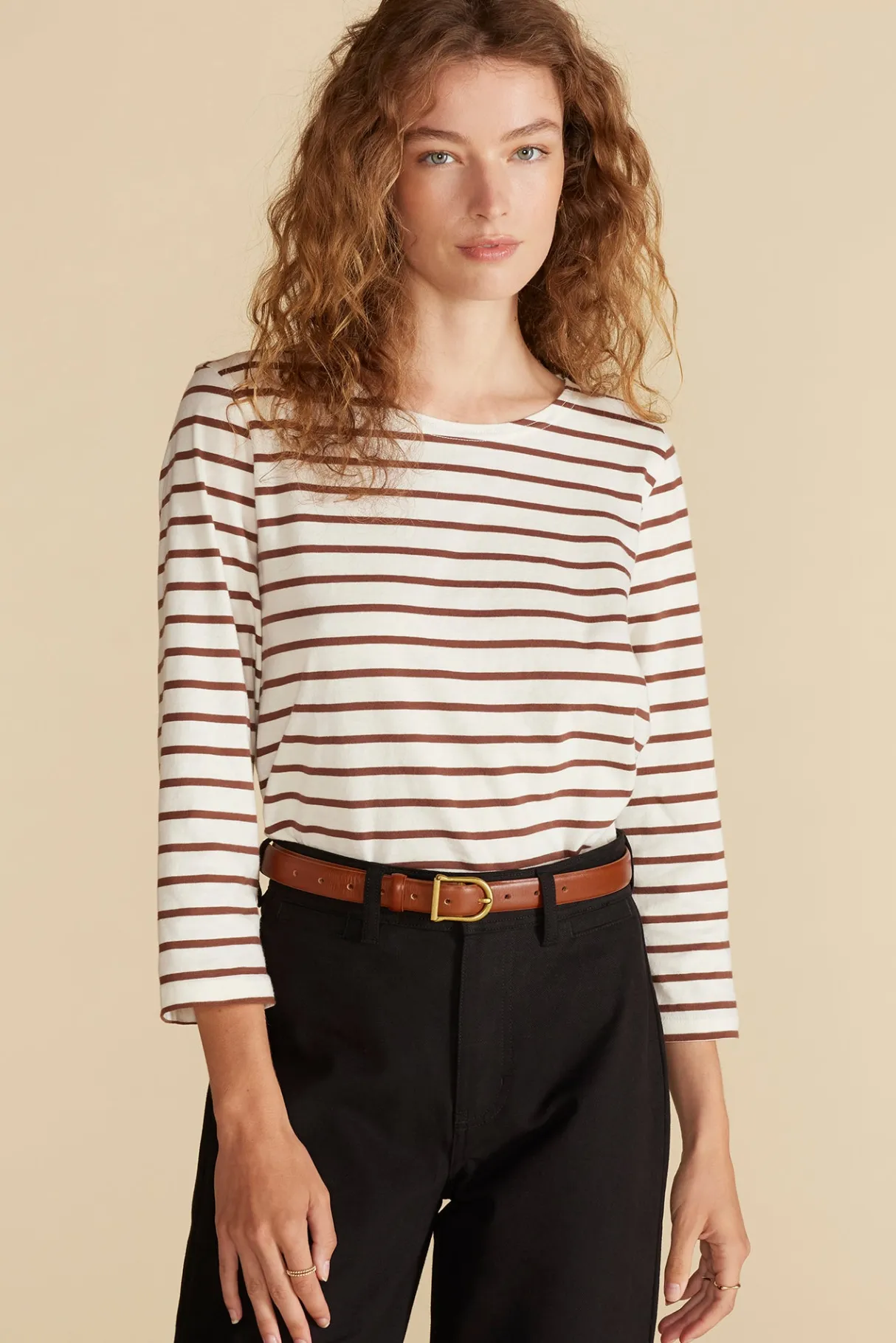 Amour Vert Francoise Organic Cotton Tee IvoryandEspressoBrownStripe Discount