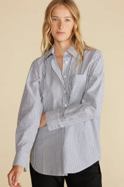 Amour Vert Henri Button Down Shirt BayeuxNavyBlueandIvoryStripe Online