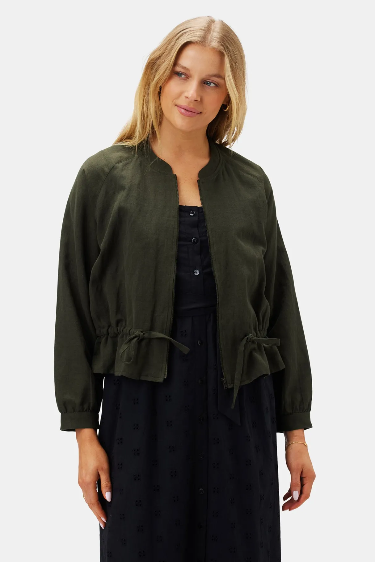 Amour Vert James Cotton Linen Bomber Jacket OliveGreen Online