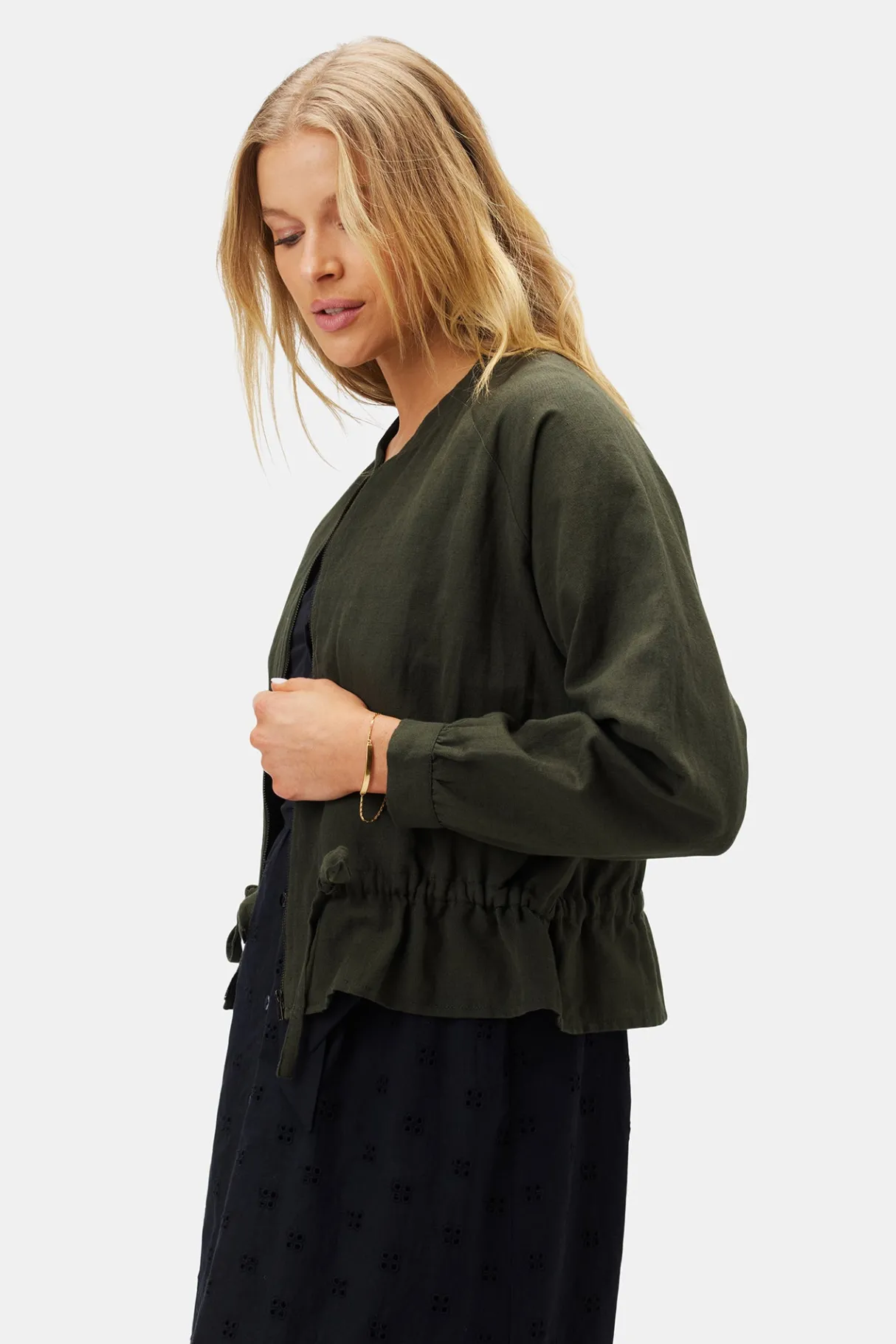 Amour Vert James Cotton Linen Bomber Jacket OliveGreen Online