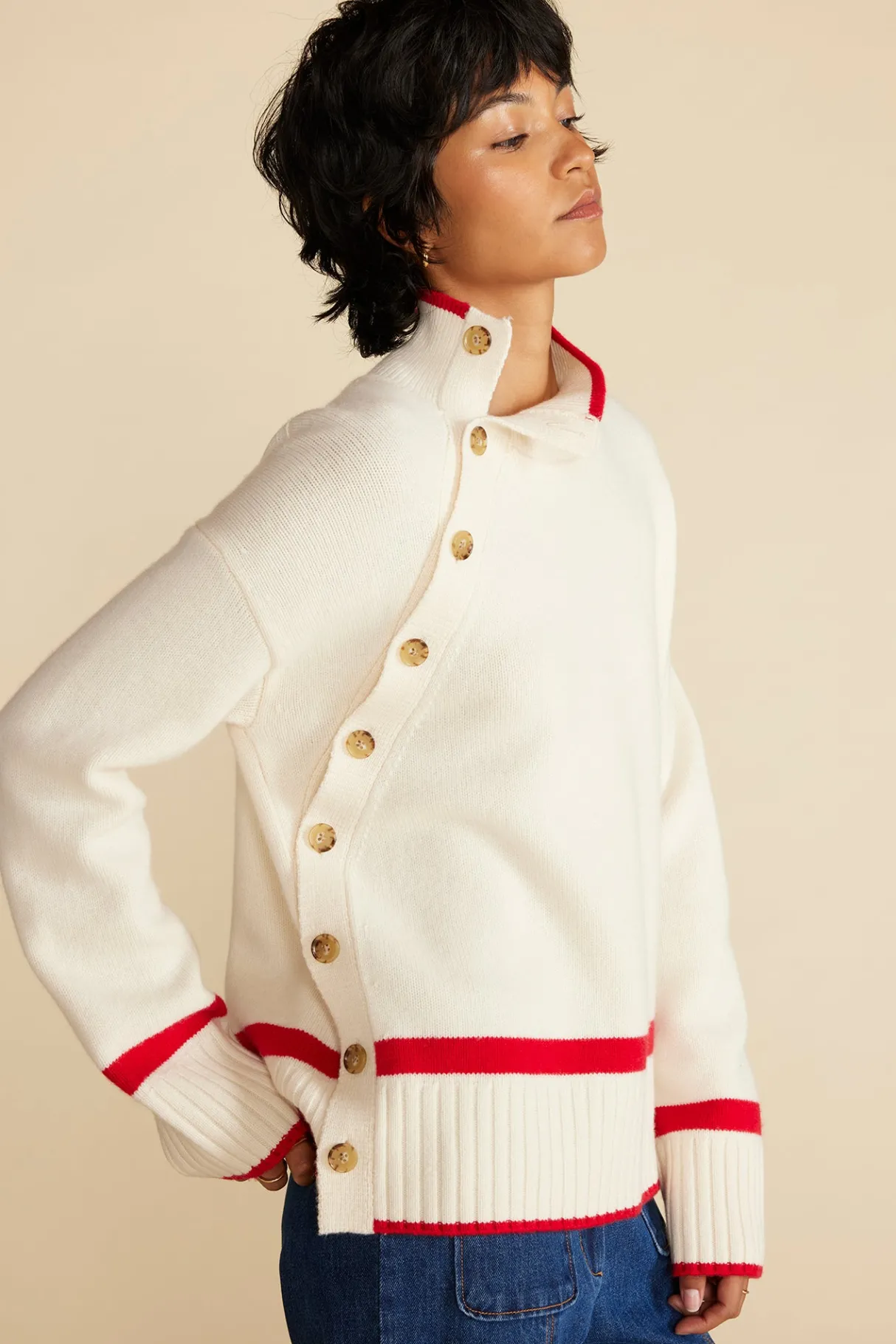 Amour Vert Leonie Stripe Turtleneck Sweater IvoryandRedStripe Best
