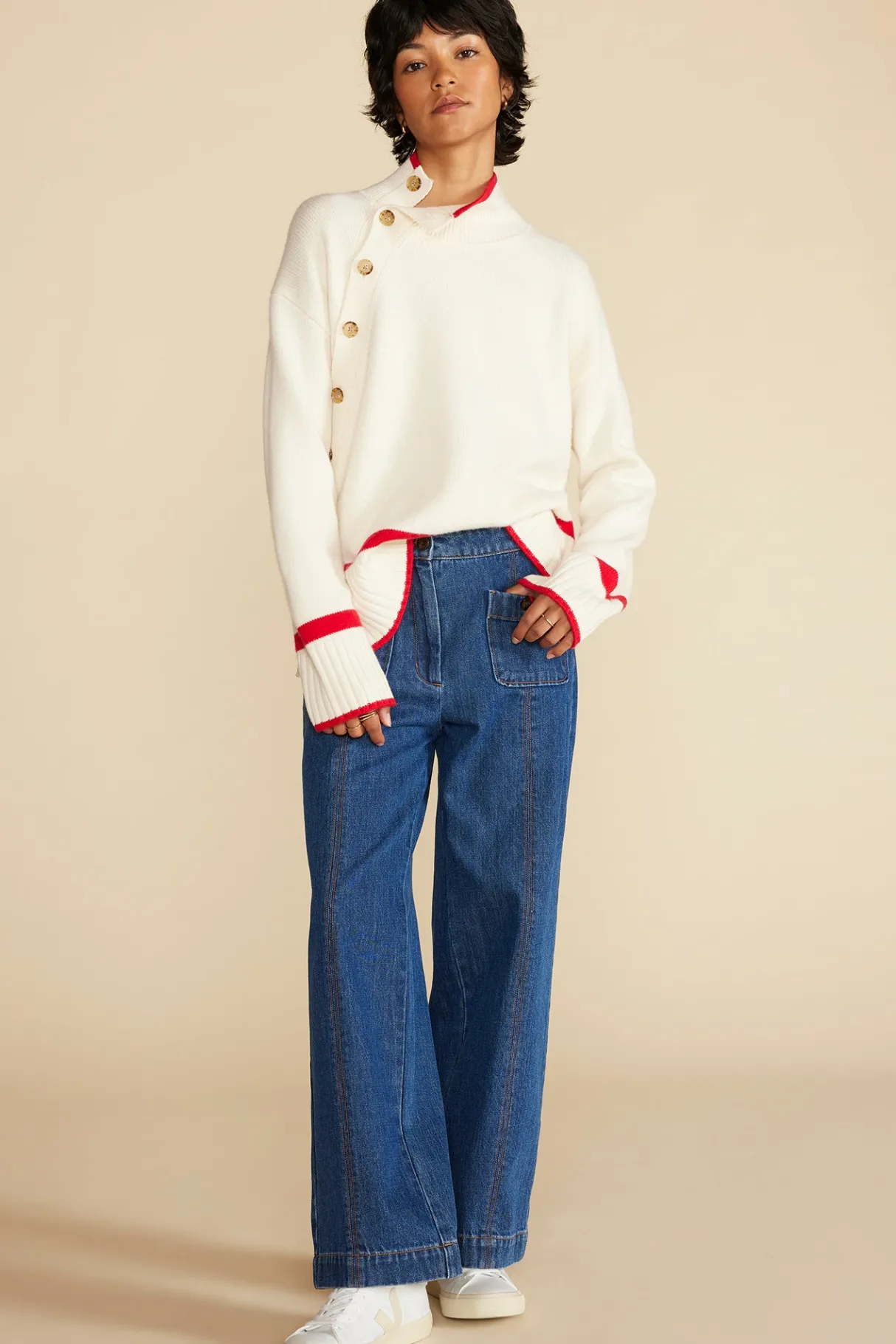 Amour Vert Leonie Stripe Turtleneck Sweater IvoryandRedStripe Best
