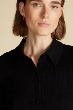 Amour Vert Lorraine Merino Wool Henley Sweater Black Fashion