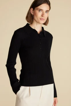 Amour Vert Lorraine Merino Wool Henley Sweater Black Fashion