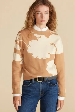 Amour Vert Martha Organic Cotton Jacquard Sweater CamelandIvoryAbstractFloral Hot