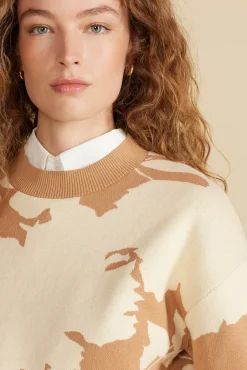 Amour Vert Martha Organic Cotton Jacquard Sweater CamelandIvoryAbstractFloral Hot