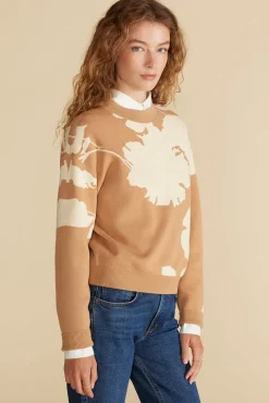 Amour Vert Martha Organic Cotton Jacquard Sweater CamelandIvoryAbstractFloral Hot